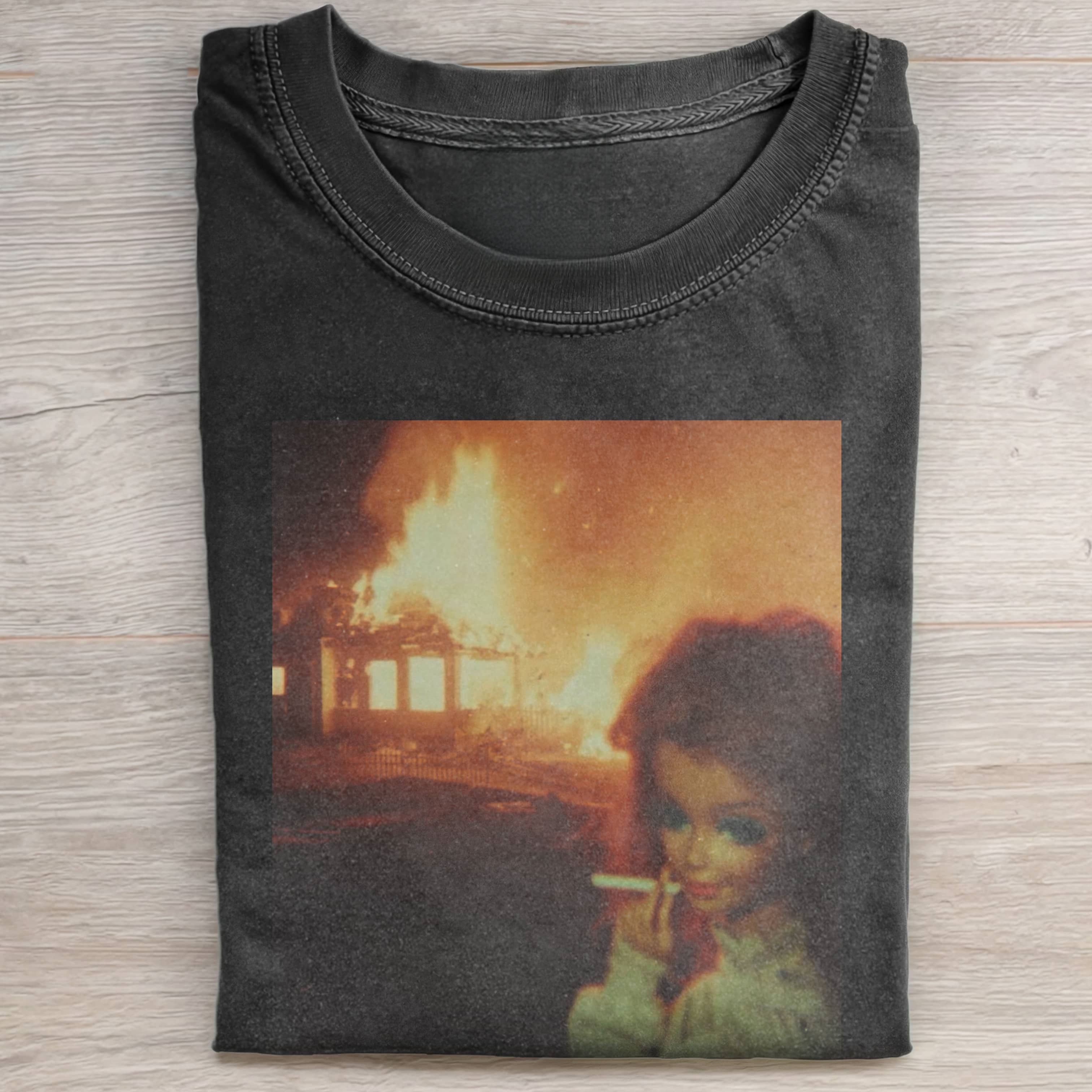 SMOKING, FIRE, DECADENCE, Funny Doll FaceCORE, CREW NECK T-SHIRT