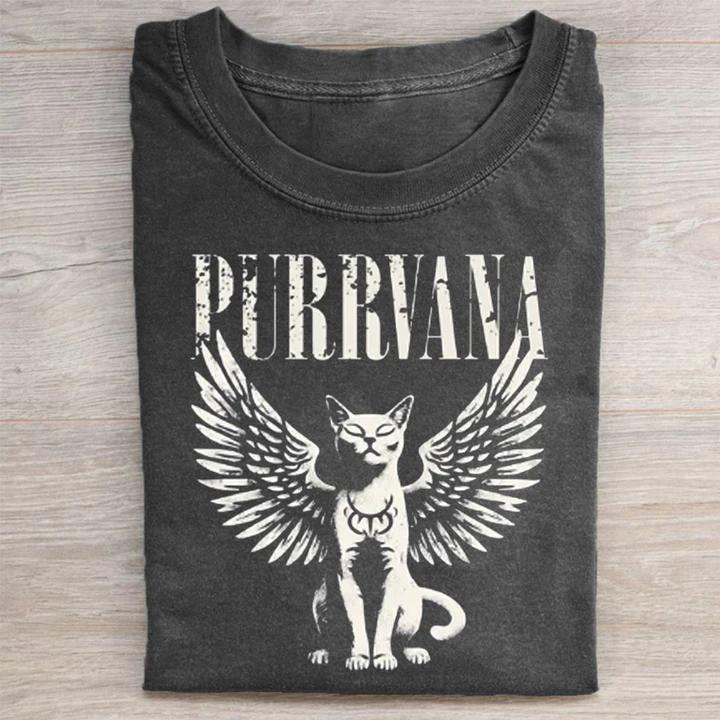 Retro Purrvana Cat With Wings Washed T-shirt-ShawnCraft