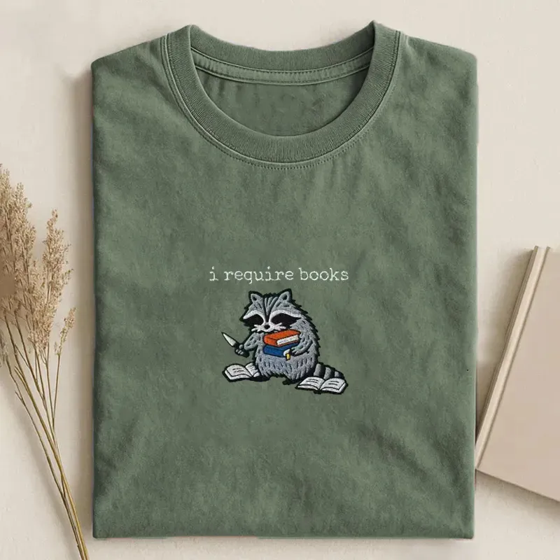 I Require Books Raccoon Embroidered T-Shirt-ShawnCraft