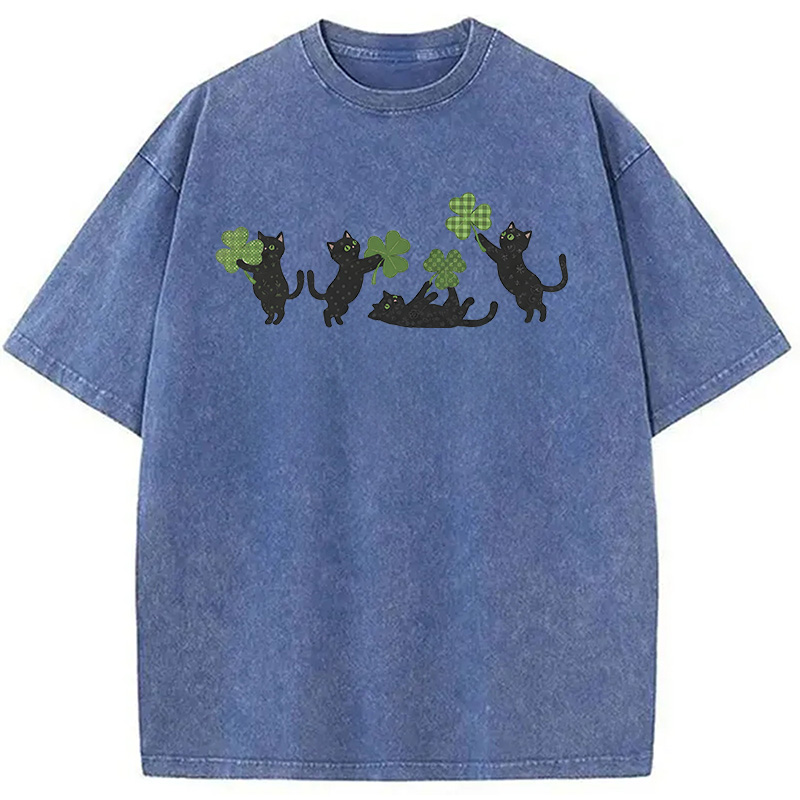 St Patricks Day Cat Washed T-Shirt-ShawnCraft