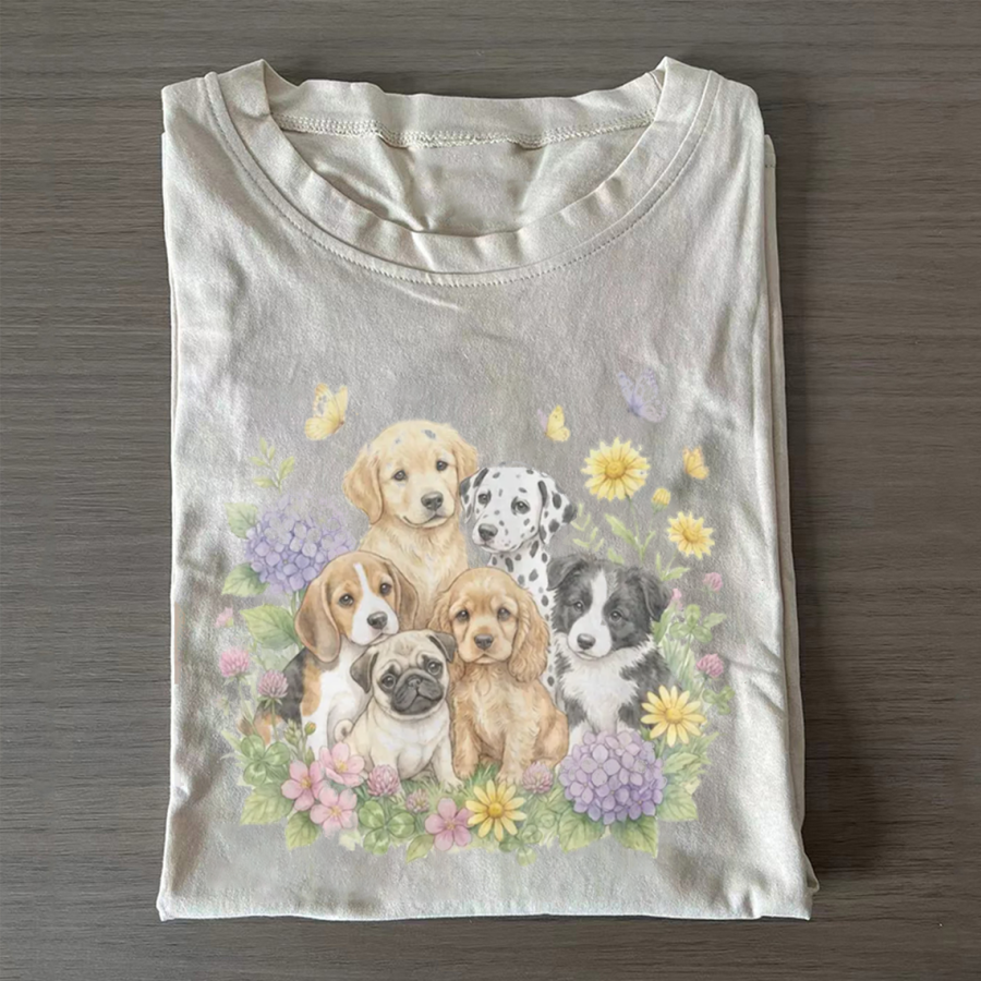 Floral Puppies Watercolor Graphic T-shirt-ShawnCraft