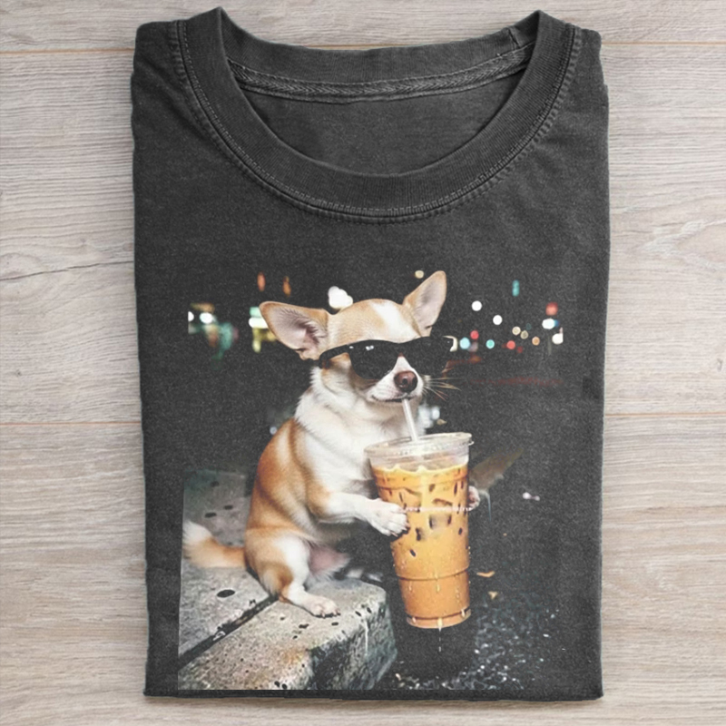 Funny Chihuahua Drinking Iced Coffee T-shirt-ShawnCraft