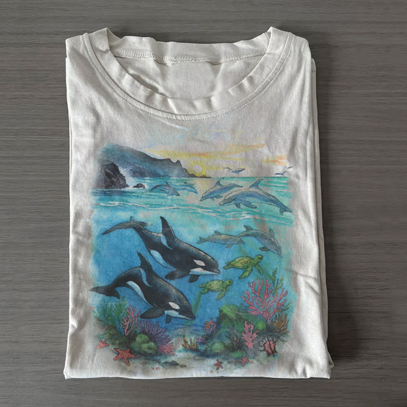 Orcas Sunset Sea Scene Vintage 90s T-shirt
