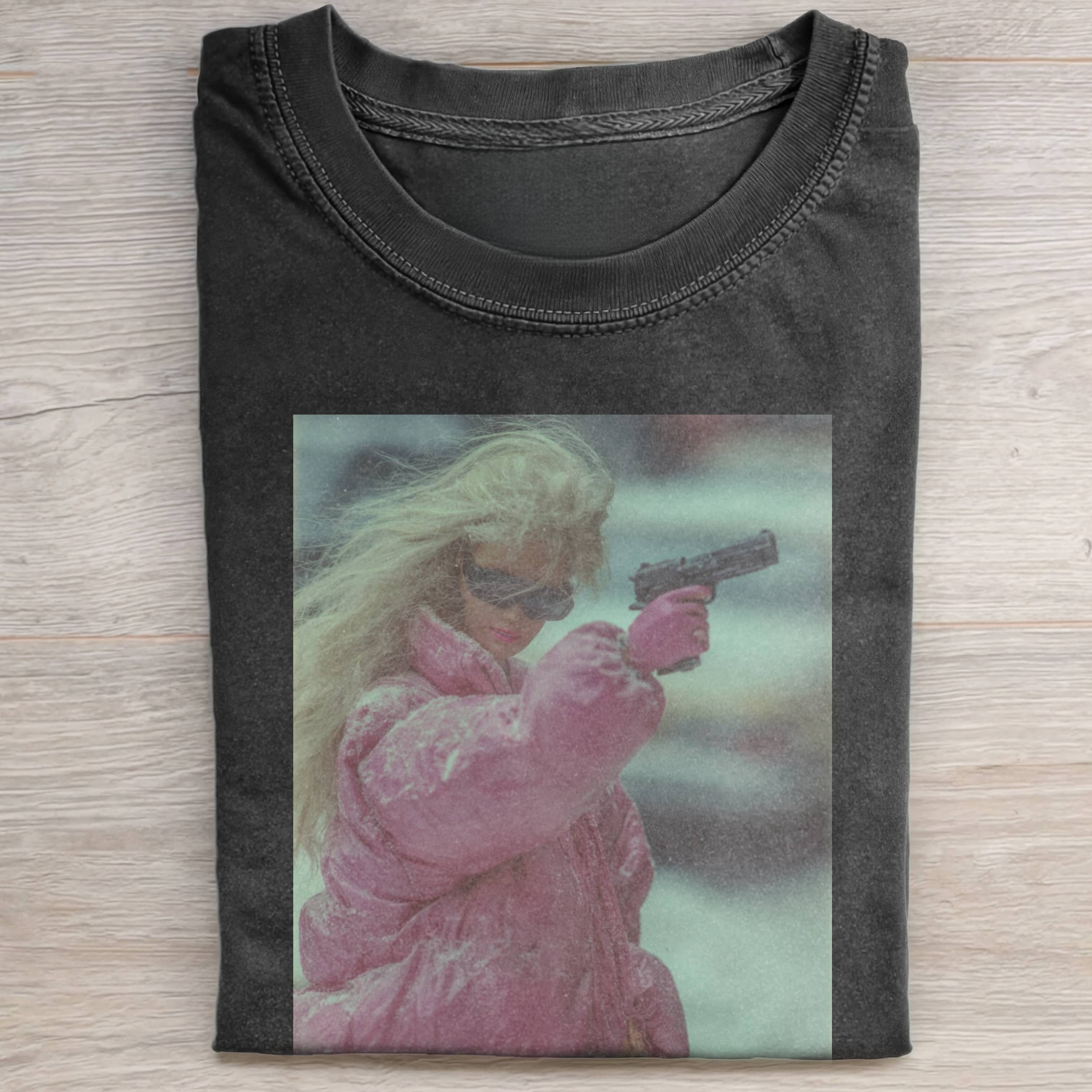 PINK THICK COAT, Funny Doll FaceCORE WITH A GUN TEE