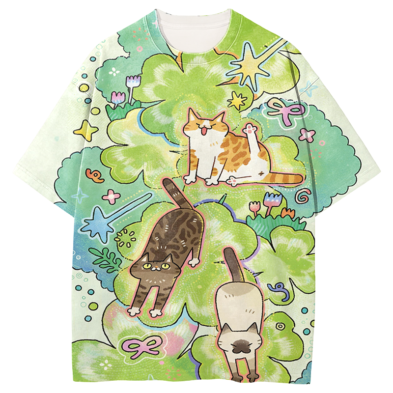 Cats Stretching Graphic Print T-Shirt-ShawnCraft