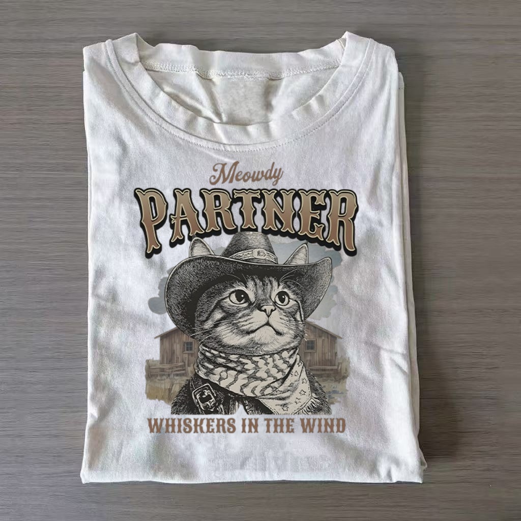 "Meowdy Partner" Cowboy Cat Western T-shirt - Vintage Washed Apparel by VanceMade