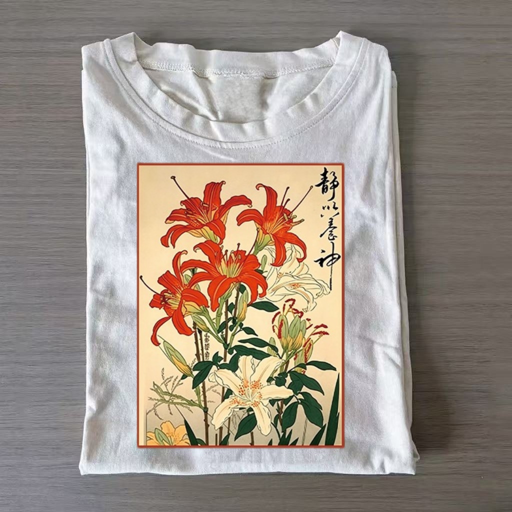Red Lily Flowers Japanese Ukiyo-e Art T-shirt - Vintage Washed Apparel by VanceMade
