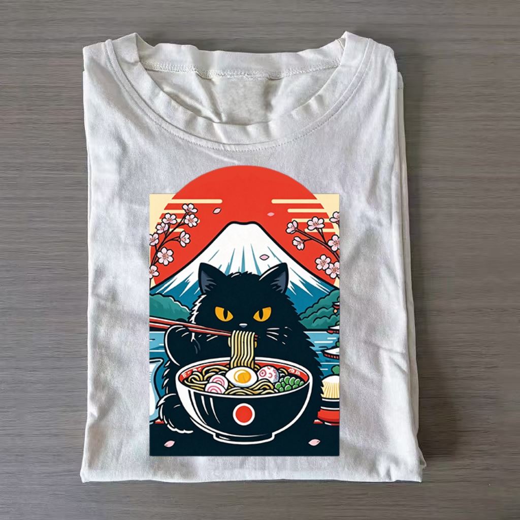 Black Cat Ramen Fuji Japanese Pop Art T-shirt - Vintage Washed Apparel by VanceMade