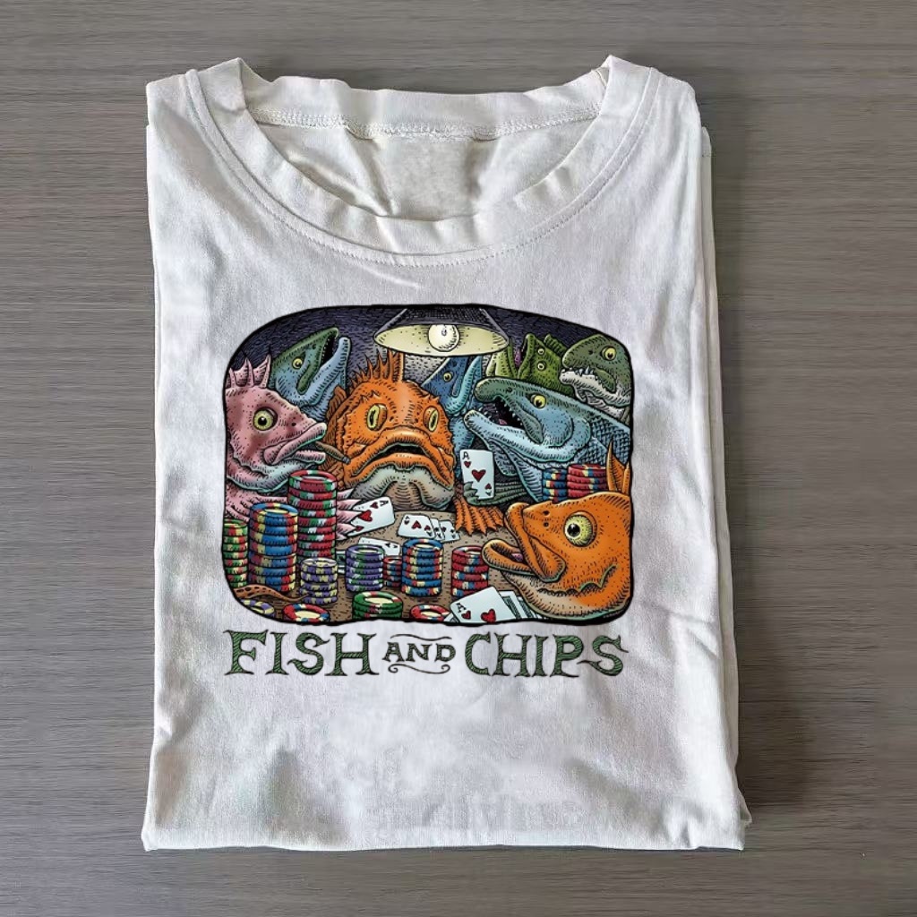 ShawnCraft® Official: Fish and Chips Poker Playing Fish Art T-shirt - Premium Breathable Cotton Apparel