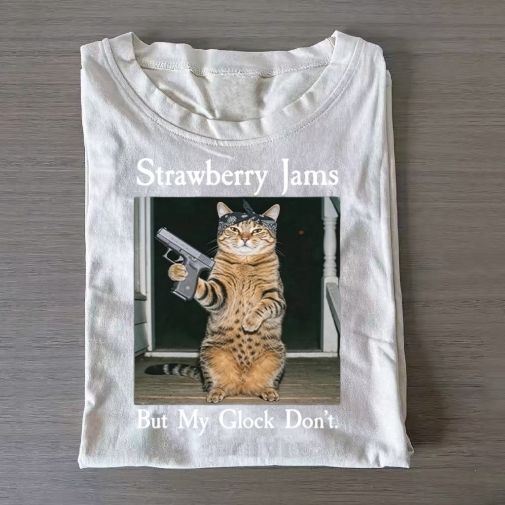 "Strawberry Jams But My Glock Don't" Cat Meme T-shirt - Vintage Washed Apparel by VanceMade