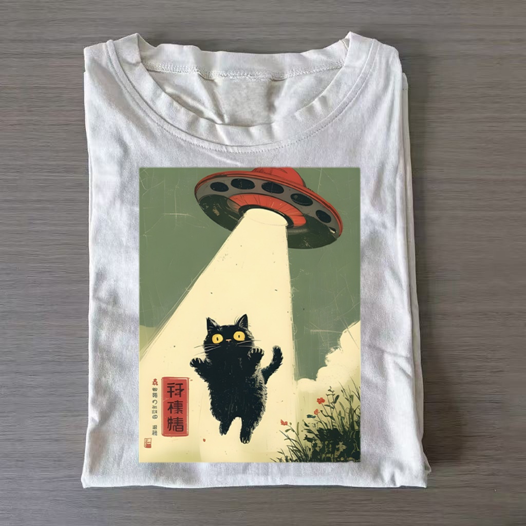 Black Cat UFO Abduction Japanese Art T-shirt - Vintage Washed Apparel by VanceMade