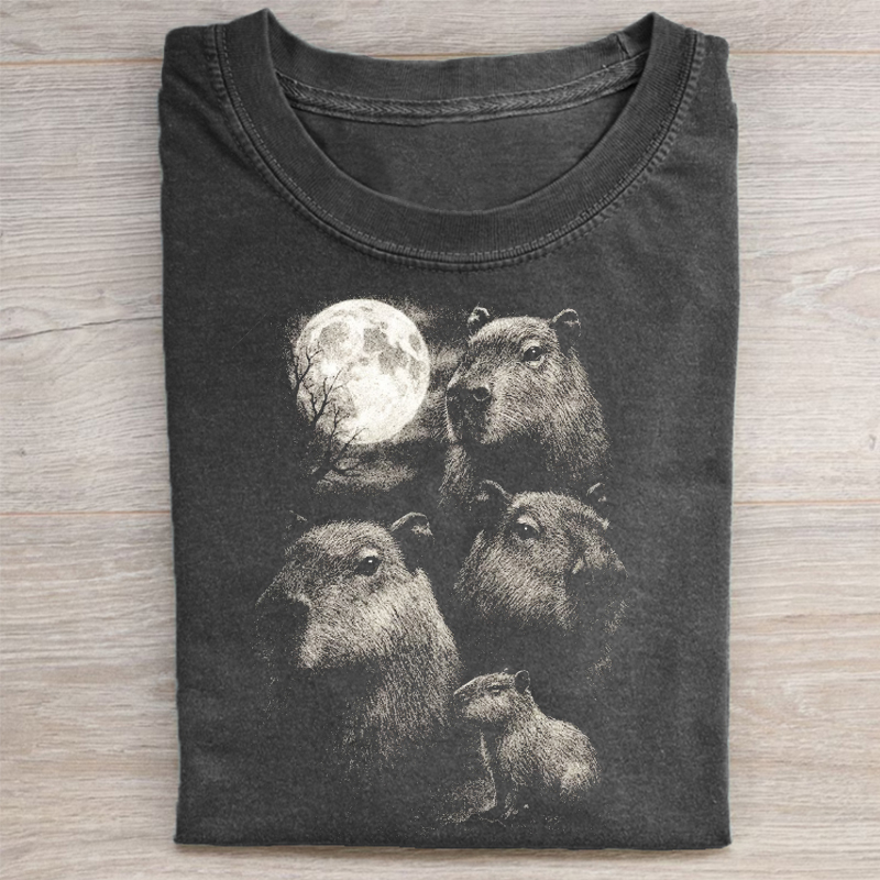 Capybara Full Moon Vintage Graphic T-shirt-ShawnCraft
