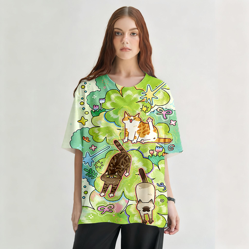 Cats Stretching Graphic Print T-Shirt-ShawnCraft