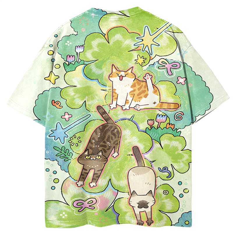 Cats Stretching Graphic Print T-Shirt-ShawnCraft