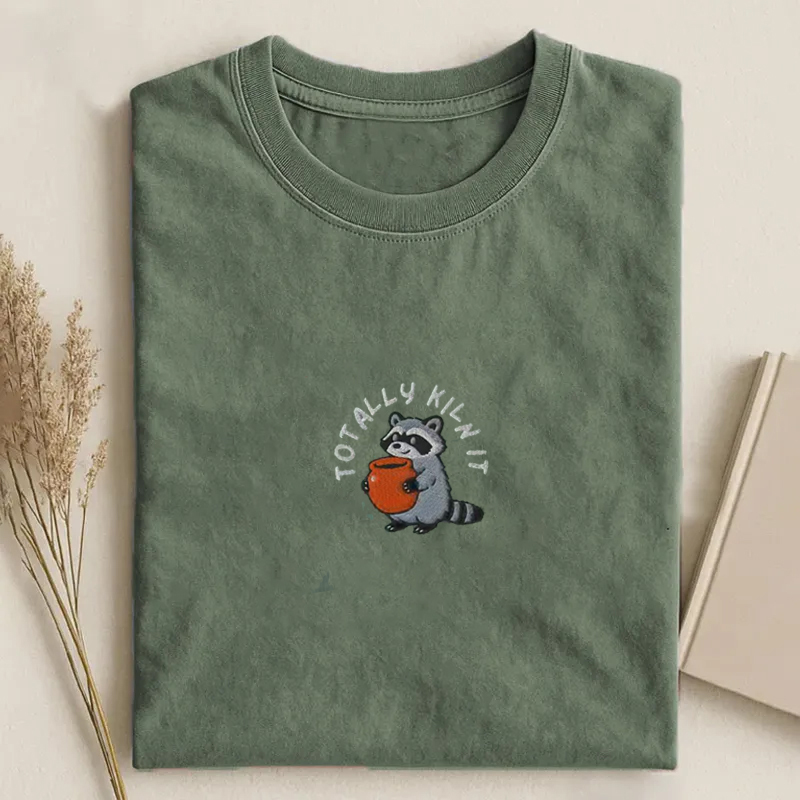 Pottery Raccoon Embroidered T-shirt-ShawnCraft
