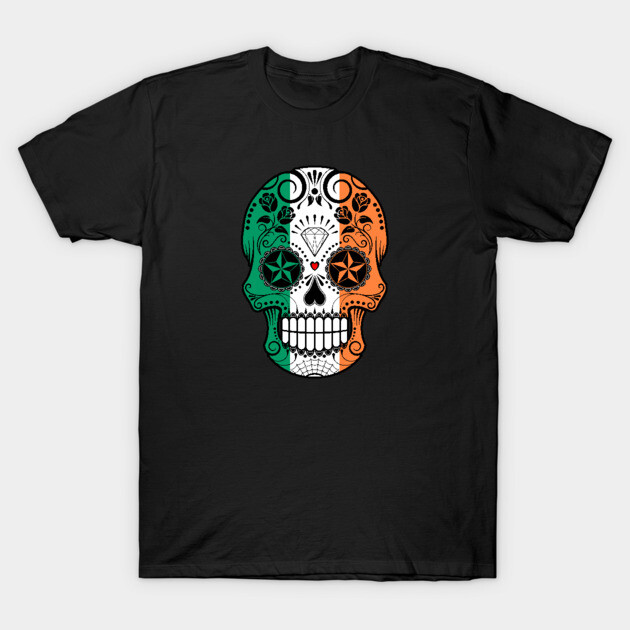 Irish Flag Sugar Skull with Roses T-Shirt-ShawnCraft