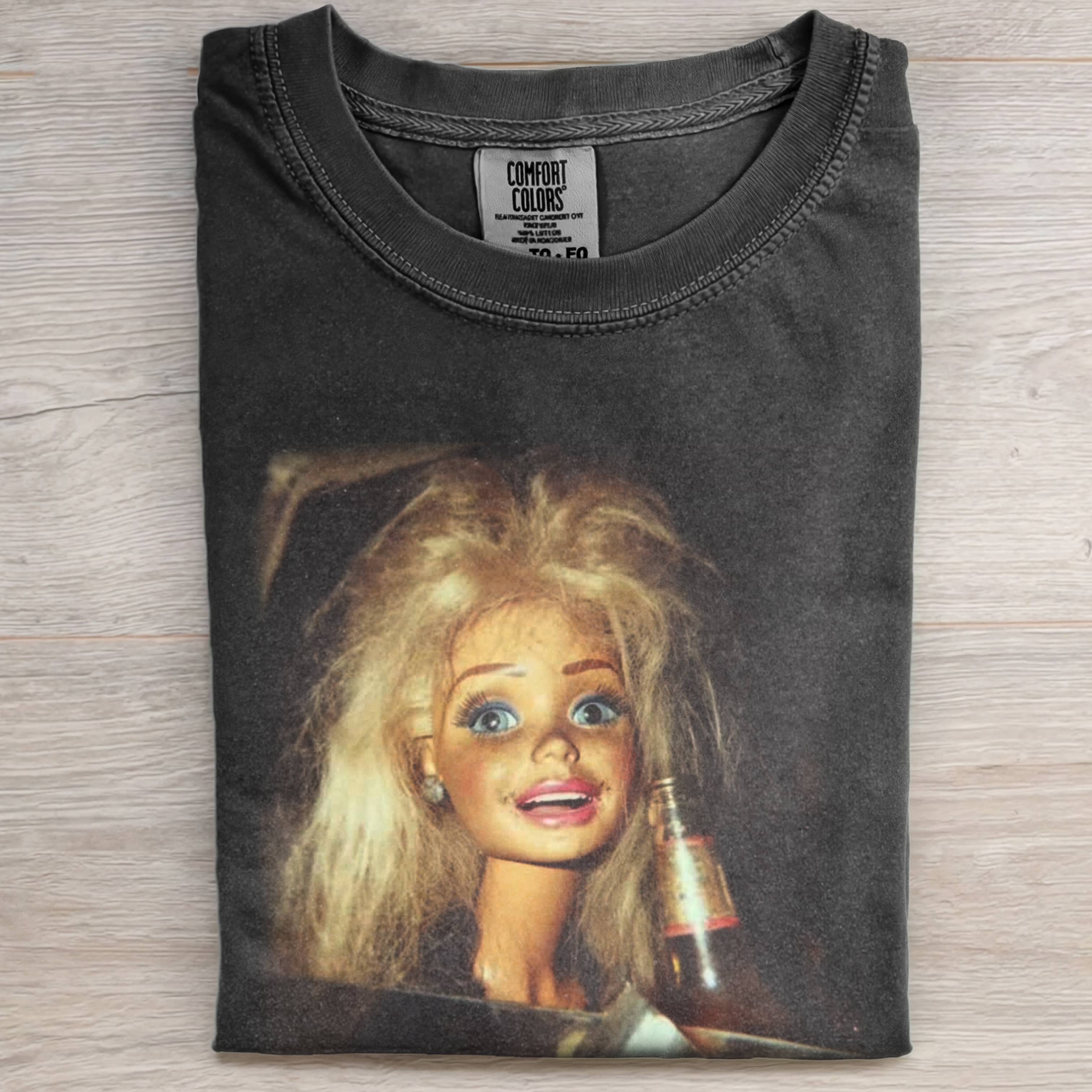 Funny Doll FaceCORE RETRO DECADENT BEER-DRINKING T-SHIRT-ShawnCraft