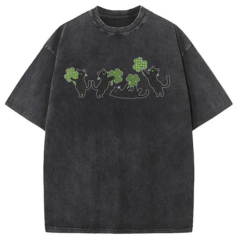 St Patricks Day Cat Washed T-Shirt-ShawnCraft