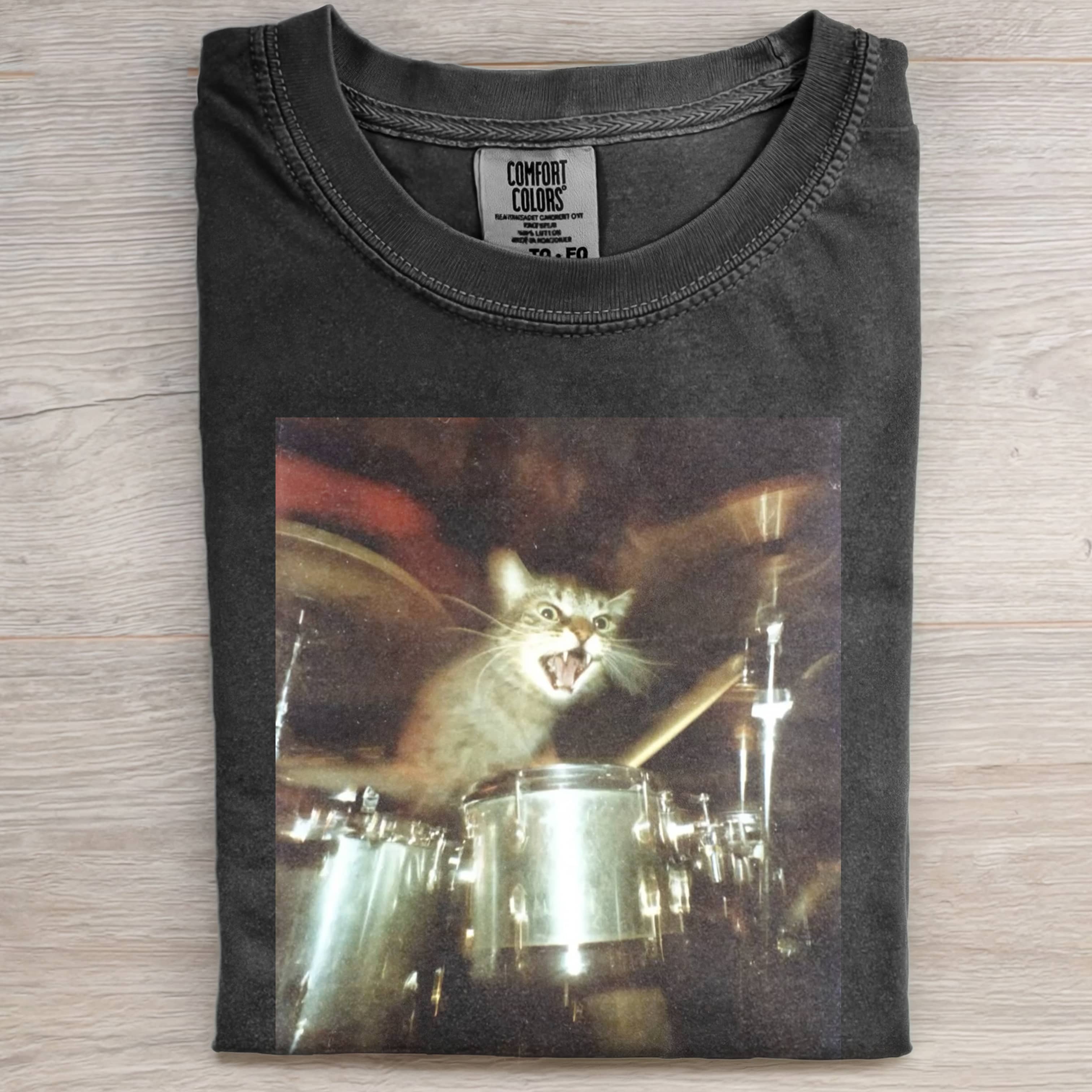 RETRO CAT DRUMMING T-SHIRT-ShawnCraft