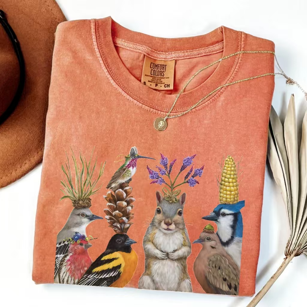 Squirrel and Birds Whimsical Nature T-shirt