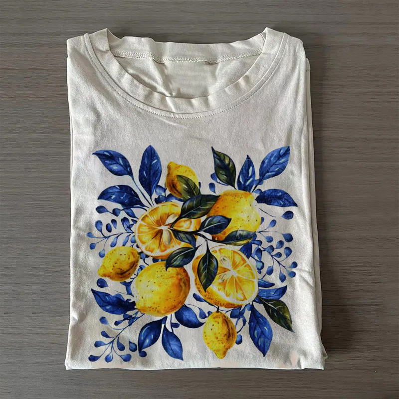 ShawnCraft® Official: Blue Toile Citrus Botanical T-shirt - Premium Breathable Cotton Apparel