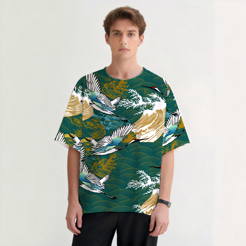 Japanese Crane Vintage Graphic Print T-Shirt-ShawnCraft