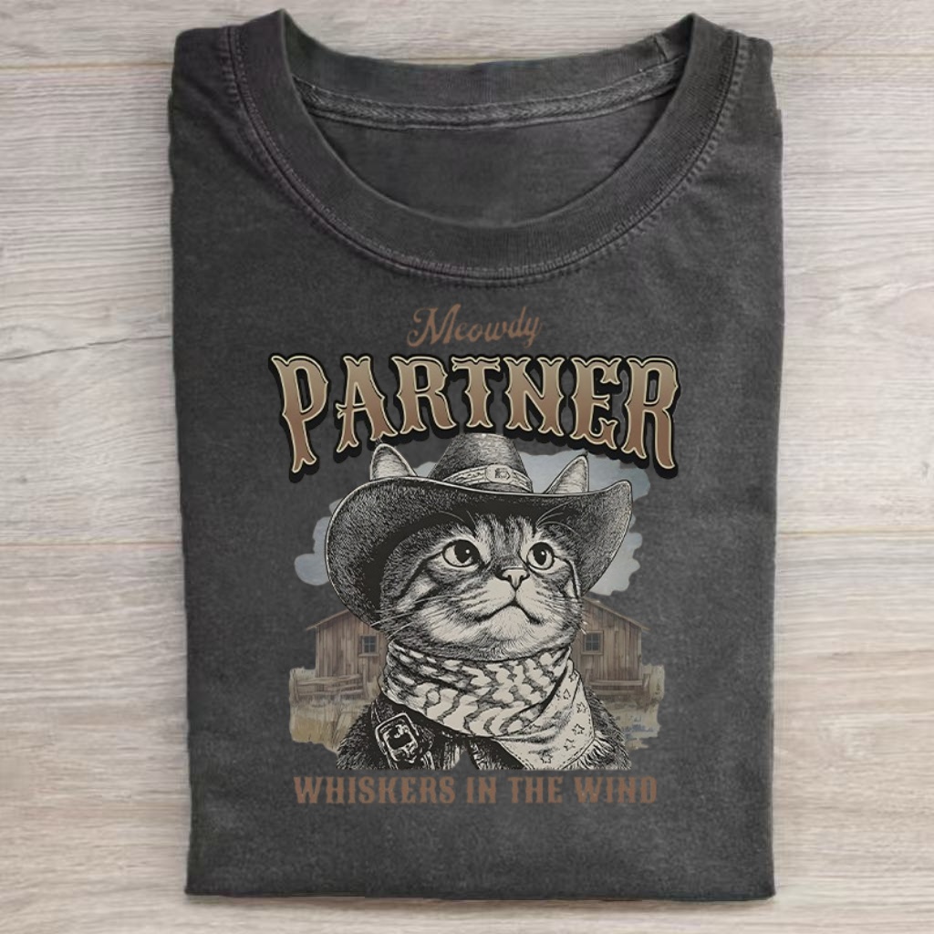 "Meowdy Partner" Cowboy Cat Western T-shirt - Vintage Washed Apparel by VanceMade
