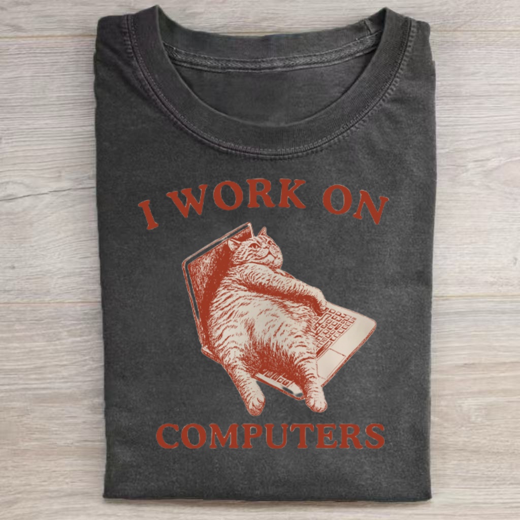 "I Work On Computers" Lazy Cat Meme T-shirt - Vintage Washed Apparel by VanceMade