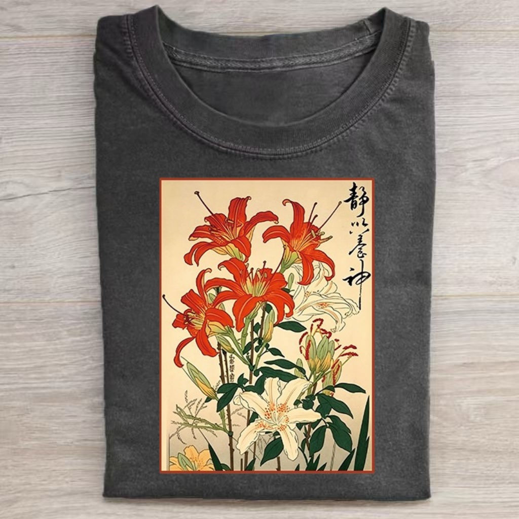 Red Lily Flowers Japanese Ukiyo-e Art T-shirt - Vintage Washed Apparel by VanceMade