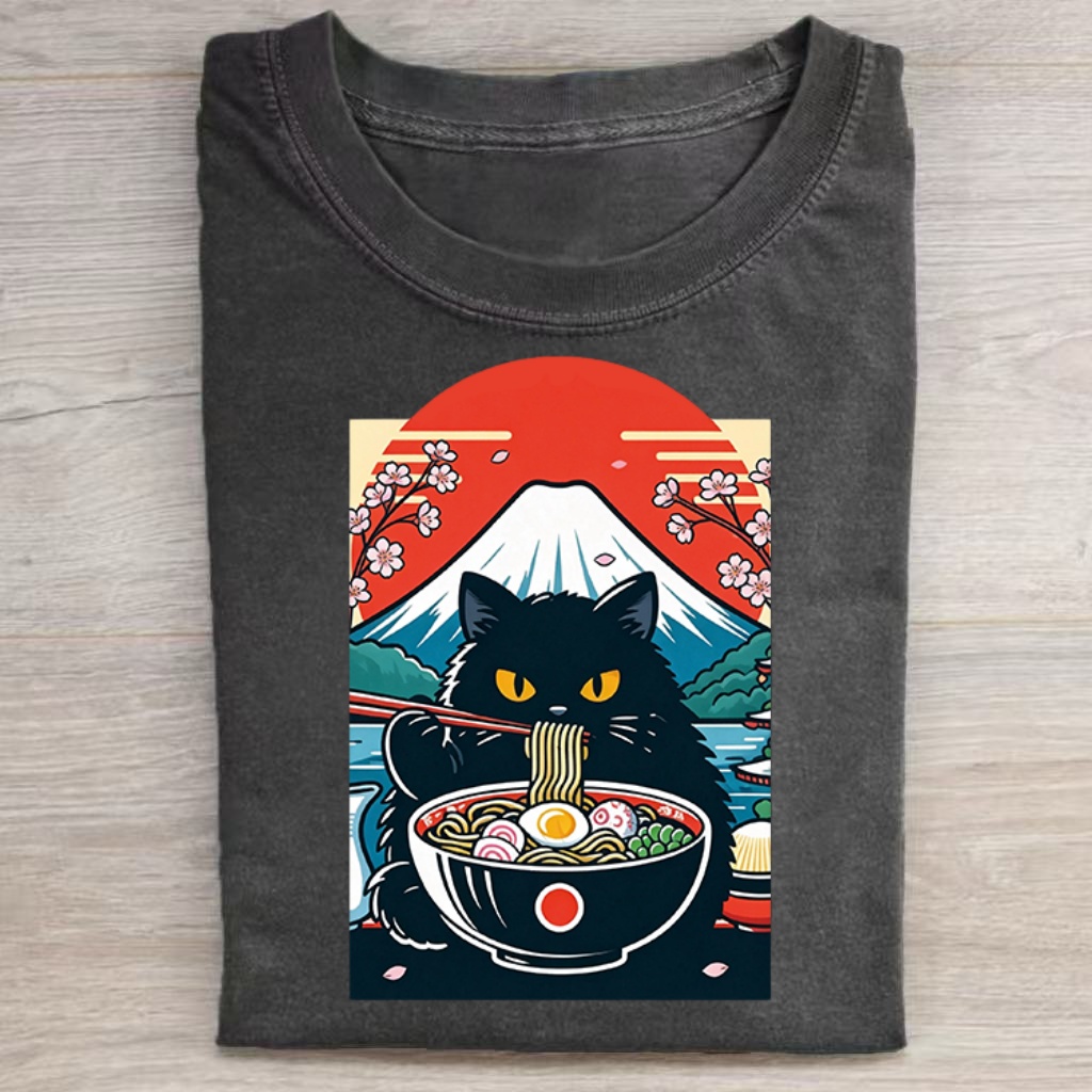 Black Cat Ramen Fuji Japanese Pop Art T-shirt - Vintage Washed Apparel by VanceMade