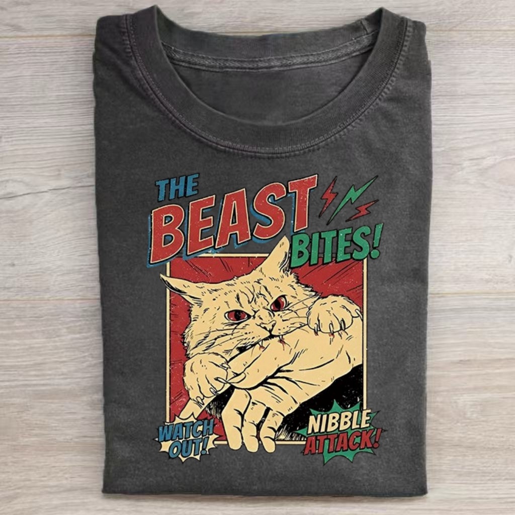 "The Beast Bites" Retro Comic Cat T-shirt - Vintage Washed Apparel by VanceMade