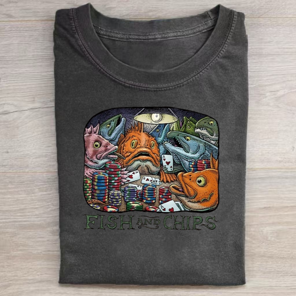 ShawnCraft® Official: Fish and Chips Poker Playing Fish Art T-shirt - Premium Breathable Cotton Apparel