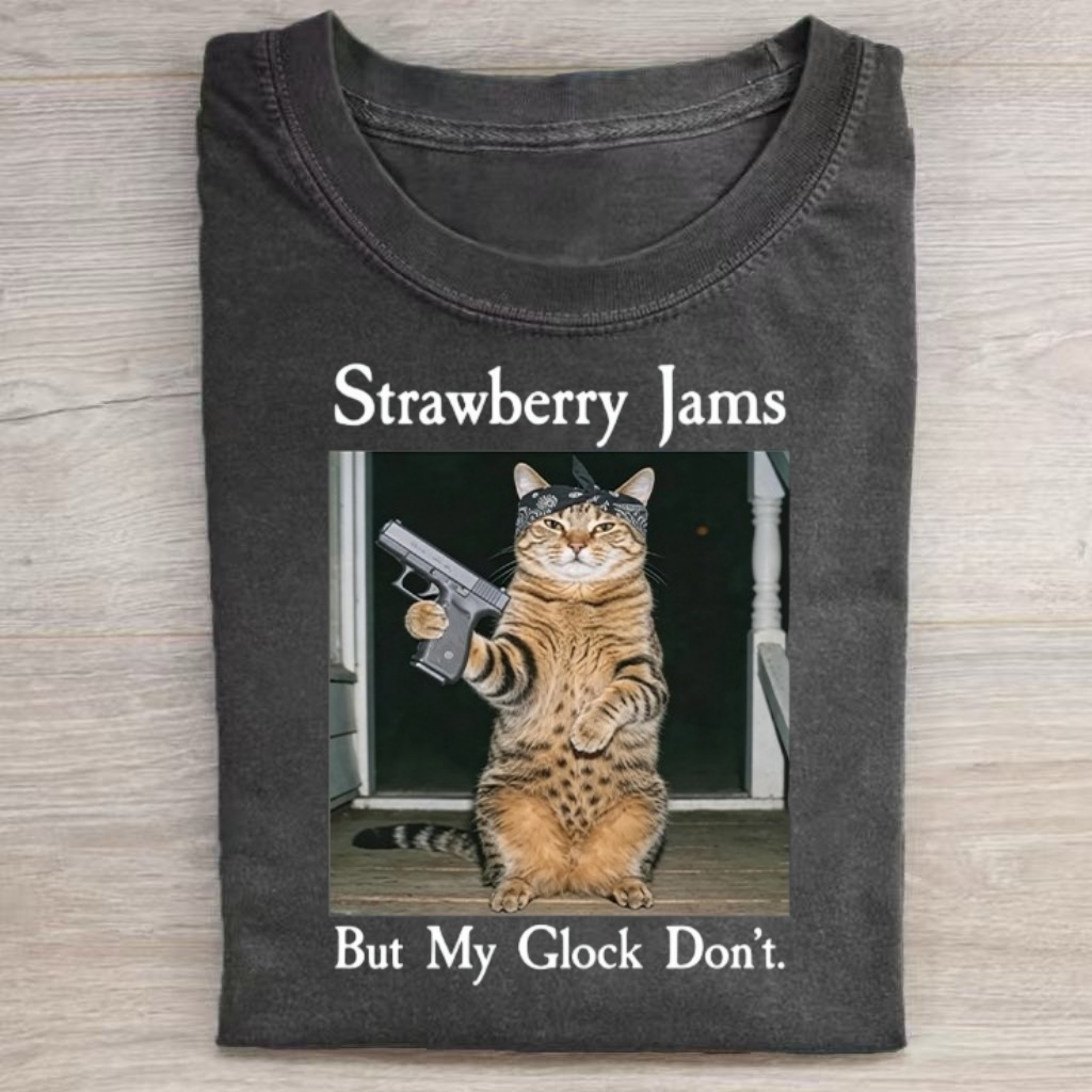 "Strawberry Jams But My Glock Don't" Cat Meme T-shirt - Vintage Washed Apparel by VanceMade