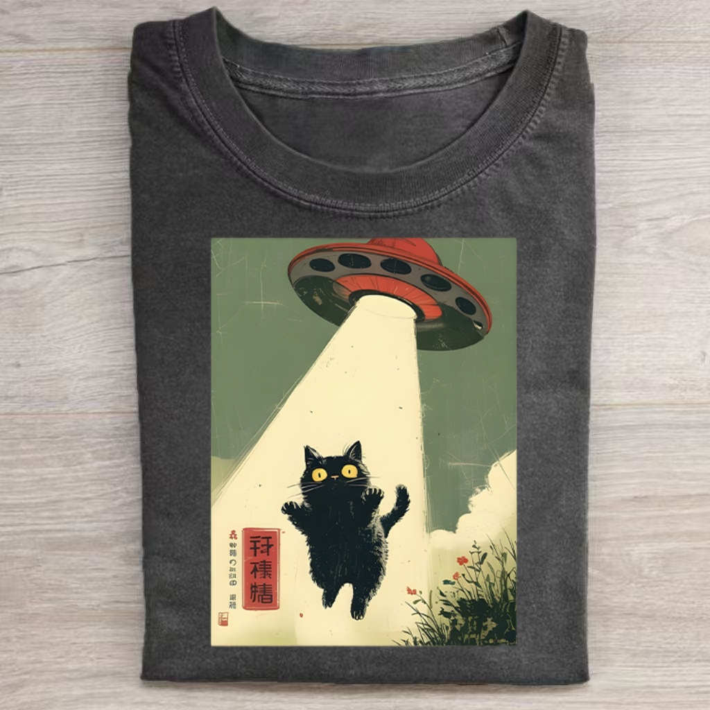 Black Cat UFO Abduction Japanese Art T-shirt - Vintage Washed Apparel by VanceMade