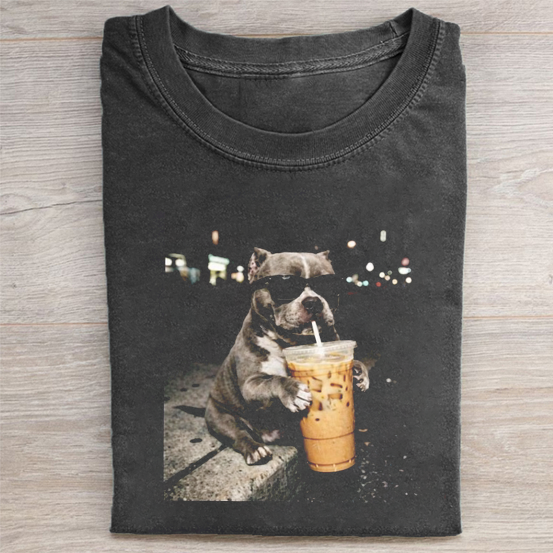Pit Bull with Sunglasses and Iced Coffee Graphic T-shirt-ShawnCraft