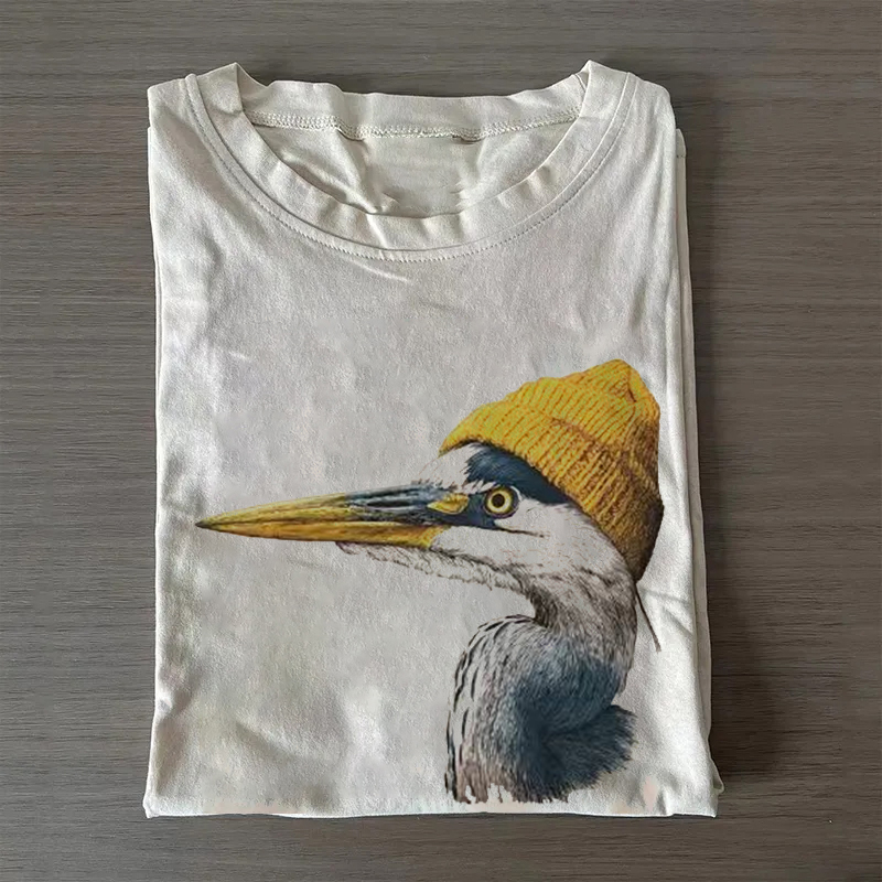 Blue Heron Wearing Beanie T-shirt-ShawnCraft