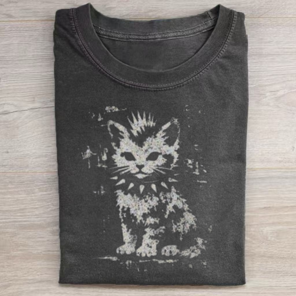 Punk Rock Kitty Distressed Graphic T-Shirt-ShawnCraft