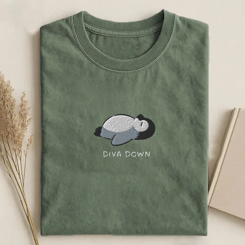 Diva Down Penguin Embroidered T-shirt-ShawnCraft