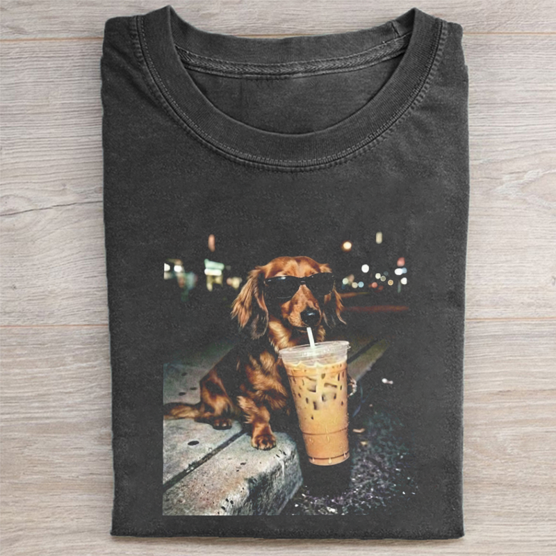 Dachshund with Iced Coffee Urban Meme T-shirt