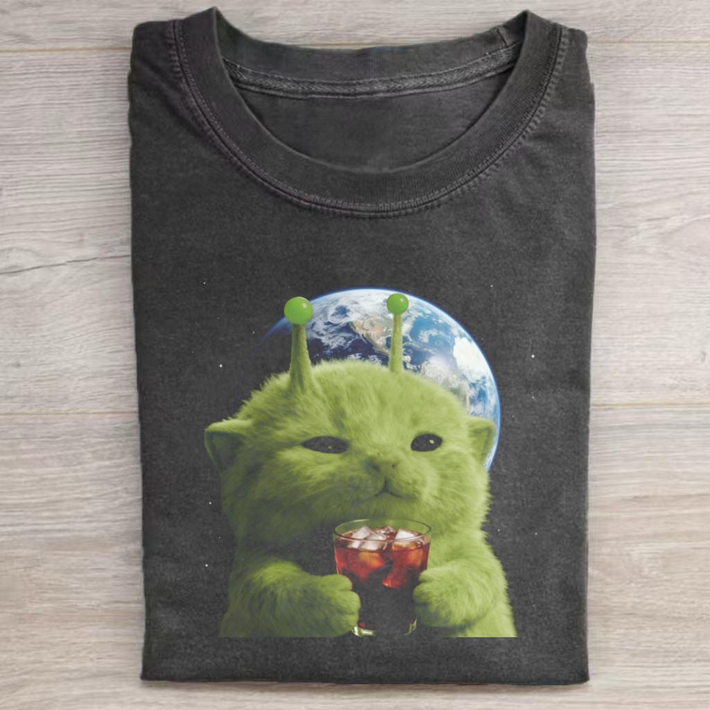 Green Alien Cat Soda T-shirt