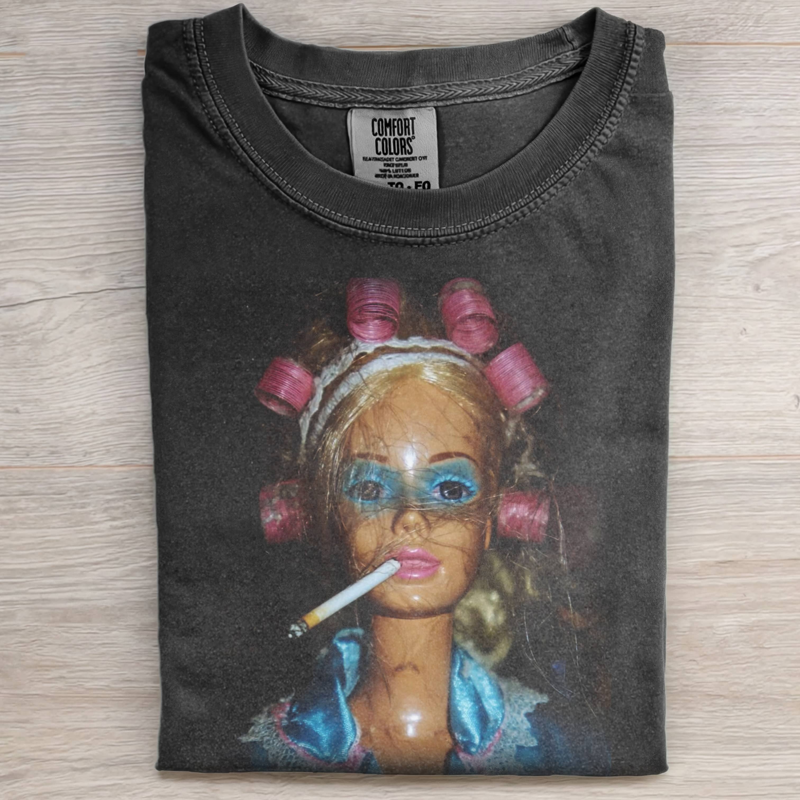 SMOKING, DECADENT Funny Doll FaceCORE CREW NECK T-SHIRT-ShawnCraft
