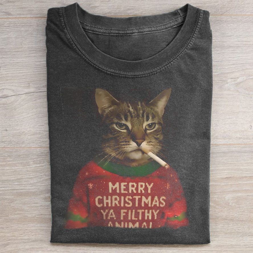 Funny Christmas Smoking Cat T-shirt-ShawnCraft