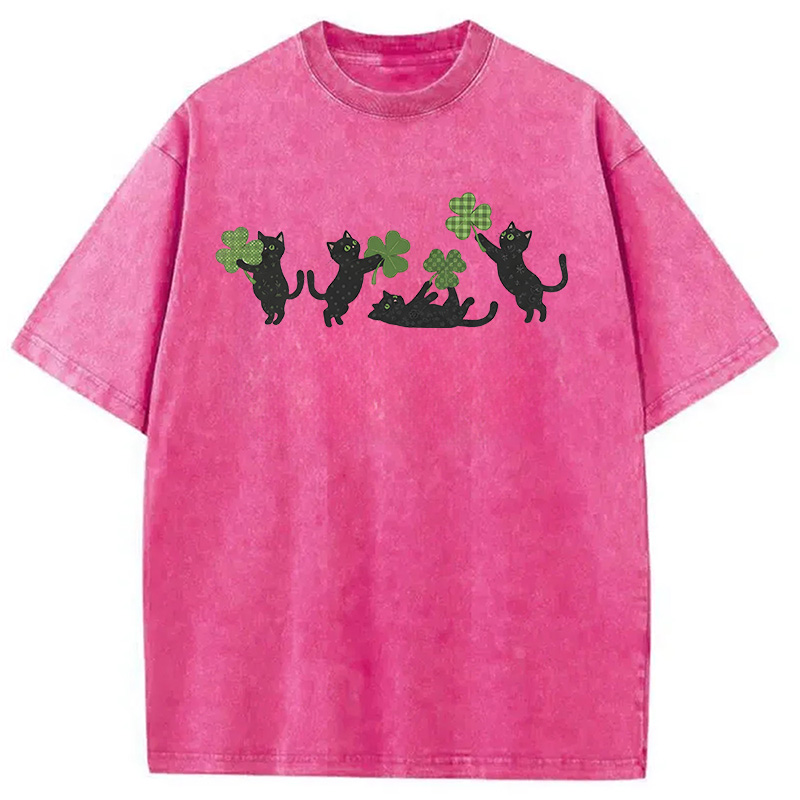 St Patricks Day Cat Washed T-Shirt-ShawnCraft