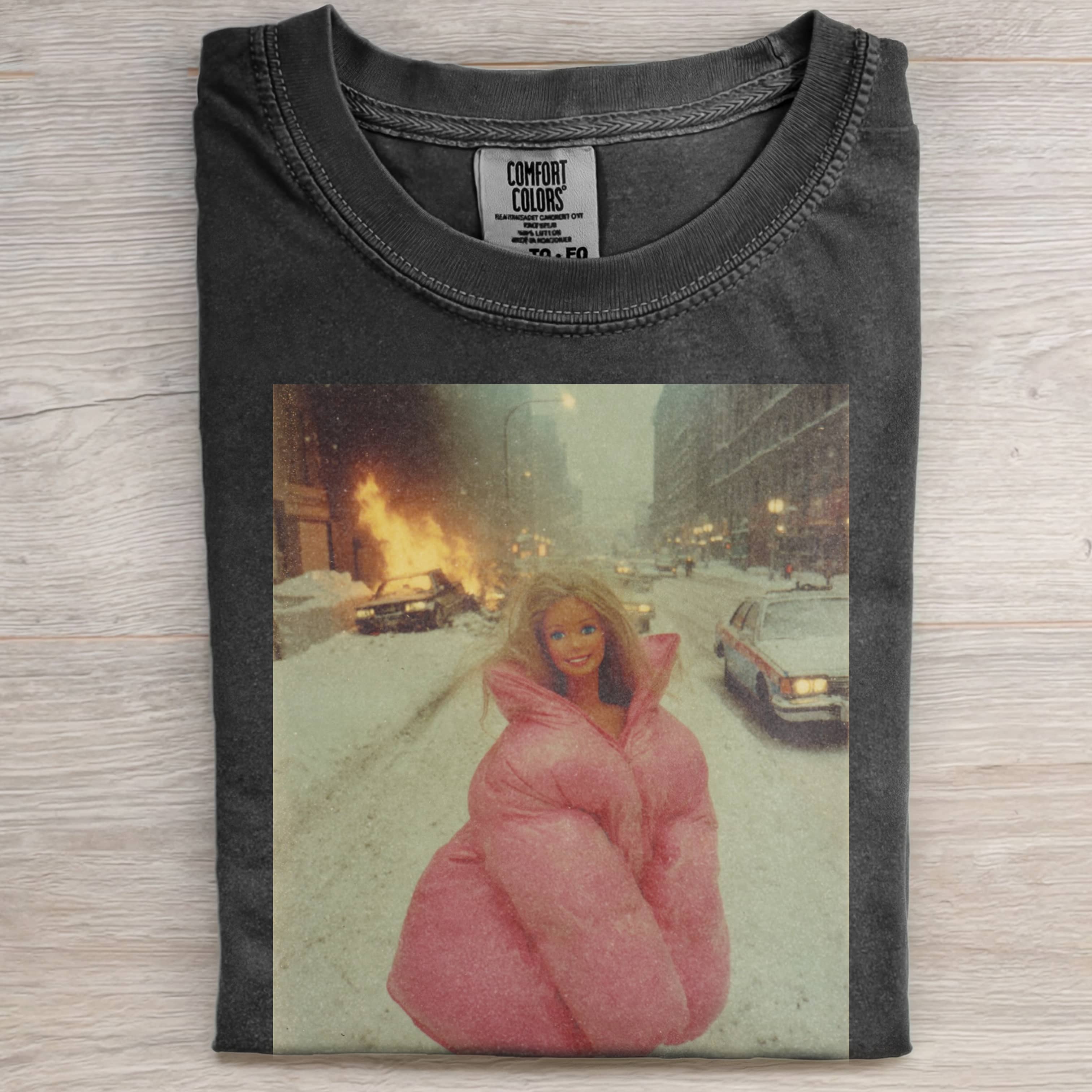 FIRE, SNOW, PINK DOWN JACKET, Funny Doll FaceCORE TEE-ShawnCraft