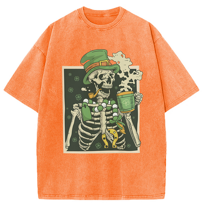 St. Patrick's Skeleton Drinking Coffee Washed T-Shirt-ShawnCraft