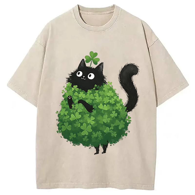 St. Patrick's Day Decorated Cat Washed T-Shirt-ShawnCraft