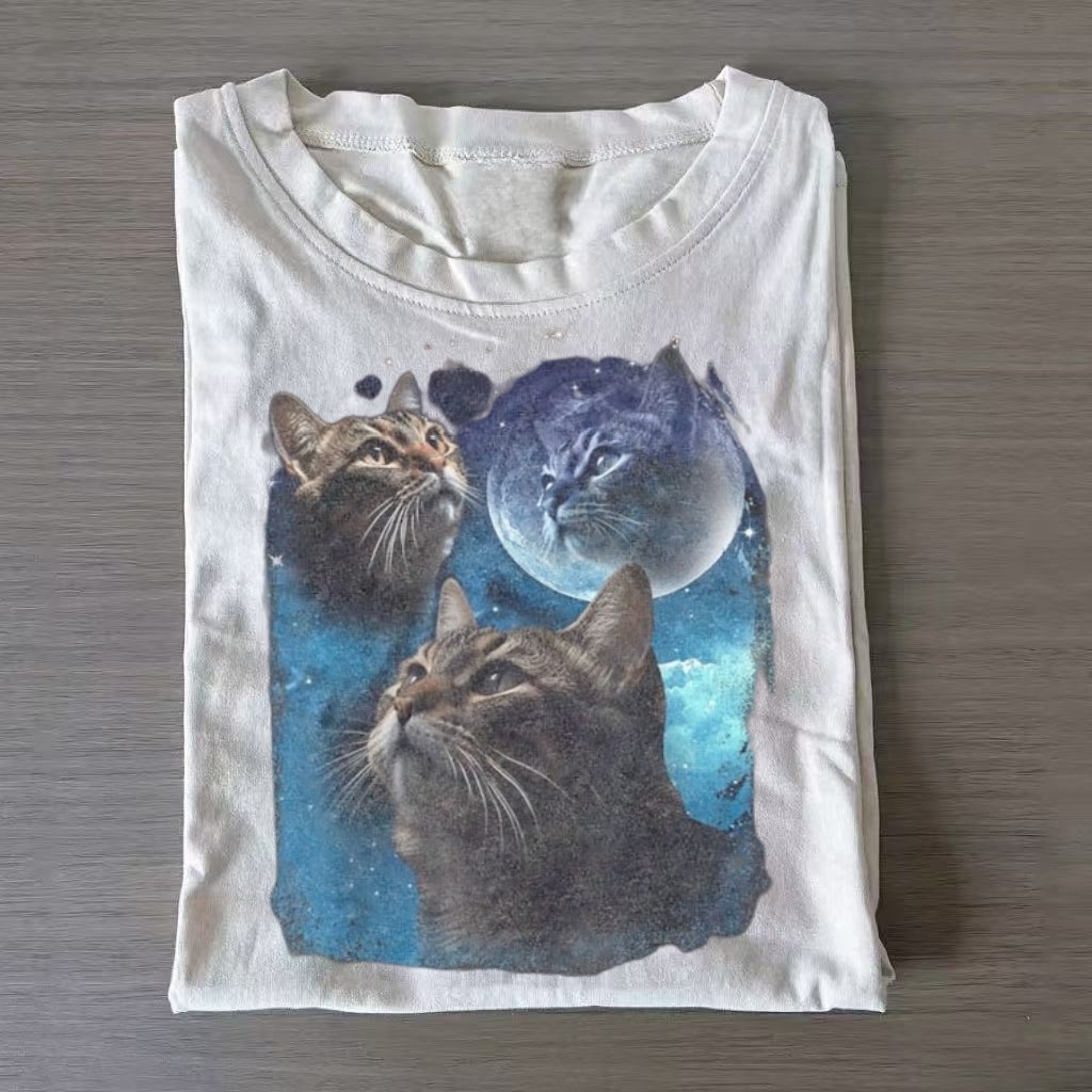 Cosmic Cat Moon Space Graphic T-shirt-ShawnCraft