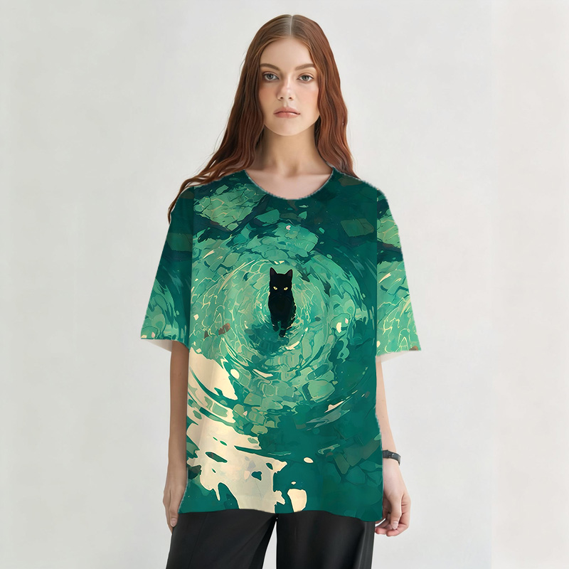 Emerald Green Black Cat Graphic Print T-shirt-ShawnCraft
