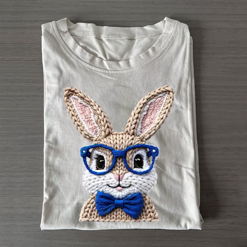Nerdy Bunny with Glasses Knit Art T-shirt-ShawnCraft