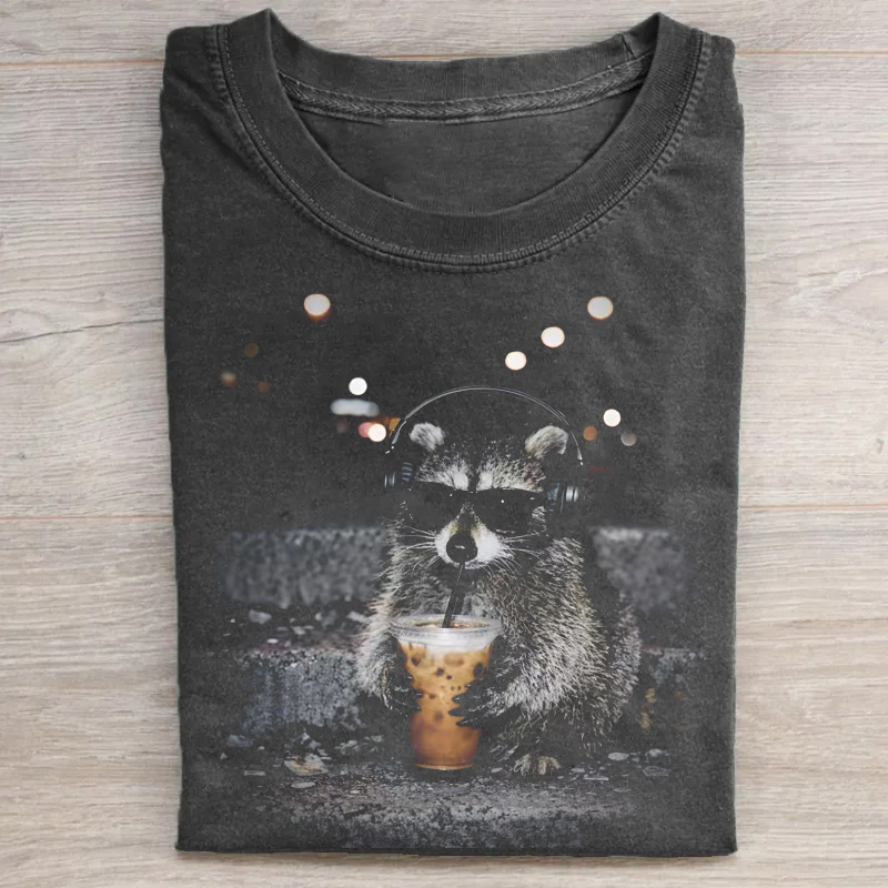 Raccoon Drinking Iced Coffee T-shirt-ShawnCraft